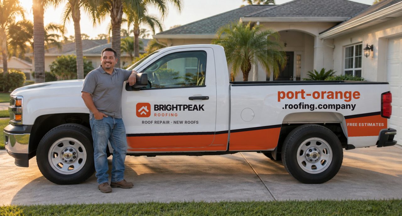 port-orange.roofing.company painted on the side of a white work truck