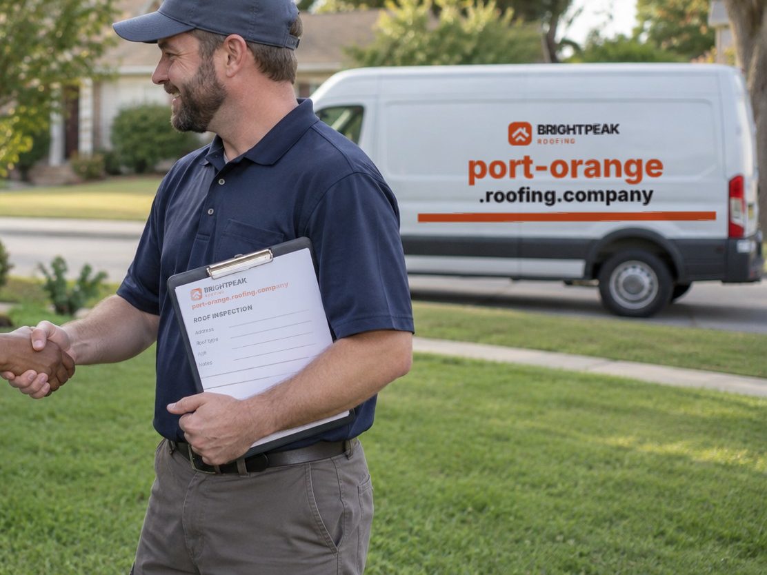 port-orange.roofing.company on a roofing van and an inspection form
